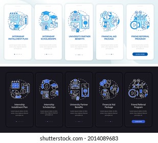 Internship financing onboarding mobile app page screen. Installment pay walkthrough 5 steps graphic instructions with concepts. UI, UX, GUI vector template with linear night and day mode illustrations