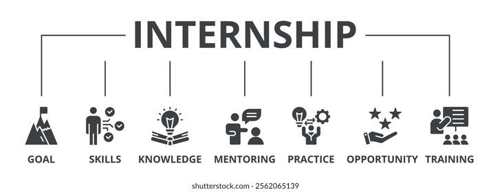 Internship glyph banner icon of goal, skills, knowledge, mentoring, practice, opportunity, and training