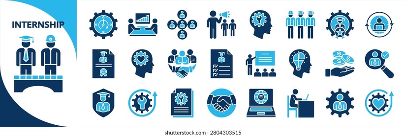 Internship glyph icon set. Contain internship, training, work culture, stipend, communication, protection, student, employee, hiring, onboarding, mentorship, networking, upskilling, learning