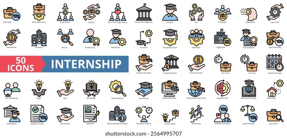 Internship icon collection set. Containing work experience, apprentice, practice, employee, recruitment, student icon. Simple flat outline vector illustration