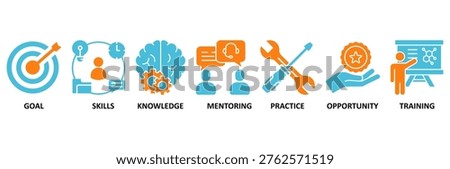 Internship icon set Aqua Orange Flat concept for goal, skills, knowledge, mentoring, practice, opportunity, and training