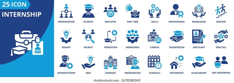 Icon Set Sammlung im flachen Stil. Das Symbolpaket enthält professionell, Teilzeit, Mitarbeiter, Organisation, Student, Fähigkeiten, Wissen, Mentor, Einsicht, Recruit, Praxis, Lehre