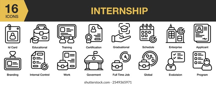 Symbolsatz für Praktikum. Beinhaltet Ausweise, Schulungen, Schulungen, Zertifikate, Graduierungen, Regierungen, Arbeit, Branding und mehr. Gliederungssymbole, Vektorsammlung.