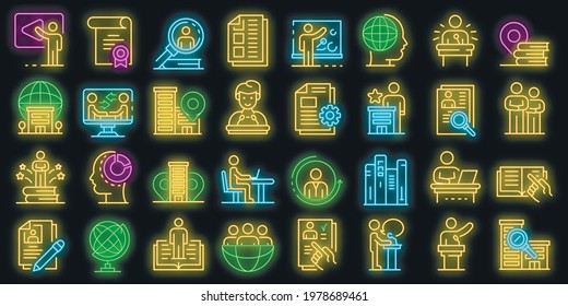 Internship icons set. Outline set of internship vector icons neon color on black