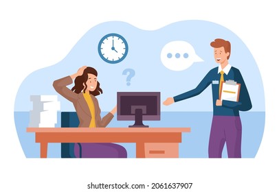 Internship job concept. First months in new position, training. Experienced employees help new colleagues. Teamwork, workflow, office. Cartoon flat vector illustration isolated on white background