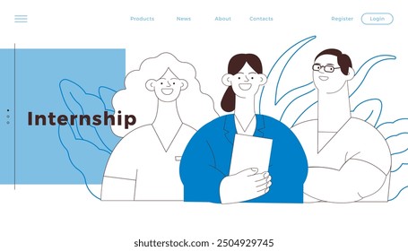 Internship Jobs. Black and White Modern Vector Concept Illustration. Medical Specialists Standing Together, Team of Interns on Abstract Background. Website Banner, Landing Page Template.