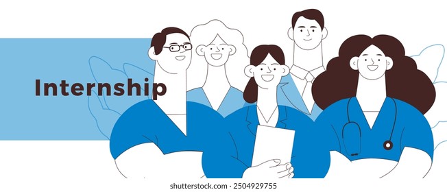 Internship Jobs. Black and White Modern Vector Concept Illustration. Medical Specialists Standing Together, Team of Interns on Abstract Background. Website Banner, Landing Page Template.