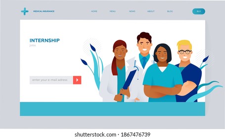 Internship Jobs. Modern Flat Vector Concept Illustration. Young Medical Specialists Standing Together, Team of Interns. Insurance Landing Page Design Template. Website Banner. 