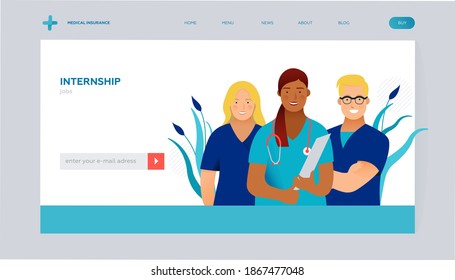 Internship Jobs. Modern Flat Vector Concept Illustration. Young Medical Specialists Standing Together, Team of Interns. Insurance Landing Page Design Template. Website Banner. 