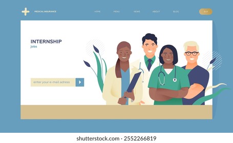 Internship Jobs. Modern Flat Vector Concept Illustration. Young Medical Specialists Standing Together, Team of Interns. Insurance Landing Page Design Template. Website Banner.