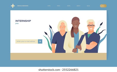 Internship Jobs. Modern Flat Vector Concept Illustration. Young Medical Specialists Standing Together, Team of Interns. Insurance Landing Page Design Template. Website Banner.