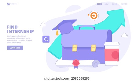 Internship program, first job search, career training for students. Flat design concept with tiny characters for landing page. Vector illustration for website, banner, print.