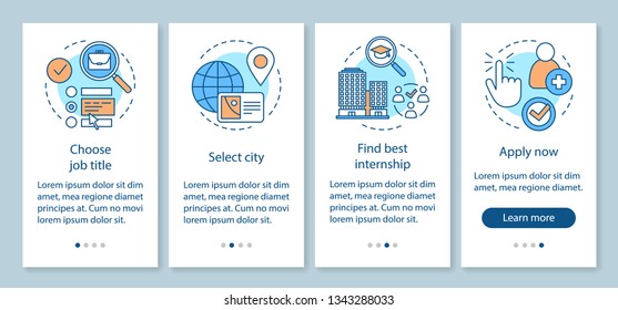 Internship program onboarding mobile app page screen vector template. Work searching software. Student practice. Walkthrough website steps, linear illustrations. UX, UI smartphone interface concept