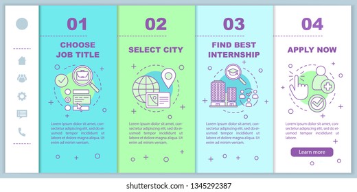 Internship program onboarding mobile web pages vector template. Student practice. Responsive smartphone website interface idea, linear illustrations. Webpage walkthrough step screens. Color concept