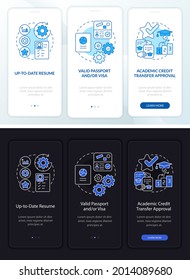 Internship requirements onboarding mobile app page screen. Updated CV walkthrough 3 steps graphic instructions with concepts. UI, UX, GUI vector template with linear night and day mode illustrations