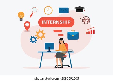 Internship Vector Concept. Female College Student Working With A Computer While Sitting In The Office With Internship Word Background