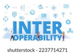 interoperability concept with big words and people surrounded by related icon spreading with modern blue color style