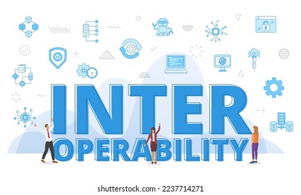 interoperability concept with big words and people surrounded by related icon spreading with modern blue color style