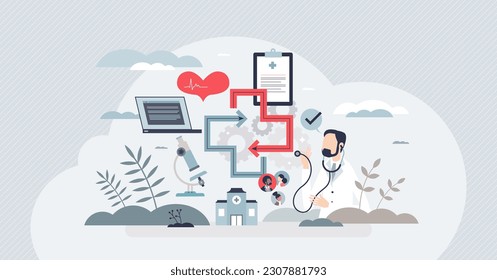 Interoperabilität in der Medizin mit Integration von Gesundheitsdaten winzige Person Konzept. Effektives und produktives Gesundheitsmodell mit elektronischem Buchungssystem für einen schnellen Datenaustausch, Vektorgrafik.