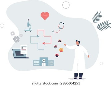 Interoperability in medicine with health data integration.Effective and productive healthcare model with electronic records system for fast data exchange.flat vector illustration