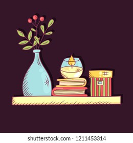 Interor book shelf with vase and candle colorful vector illustration
