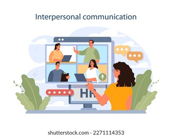 Comunicación interpersonal. Gestor de recursos humanos con habilidades blandas. Competencias del agente de recursos humanos y rendimiento profesional. Contratación de empleo, entrevista de candidatos y proceso de entrenamiento. Ilustración vectorial plana