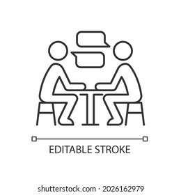 Interpersonal communication linear icon. Exchanging ideas and feelings. Speaking face to face. Thin line customizable illustration. Contour symbol. Vector isolated outline drawing. Editable stroke