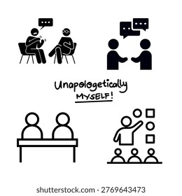 Interpersonal Communication and Public Speaking Silhouette Set with Unapologetically Myself Quote isolated on White Background