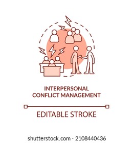 Icono de concepto rojo para la gestión interpersonal de conflictos. Habilidades para la ilustración abstracta de ideas en línea delgada HR. Dibujo de contorno aislado. Trazo editable. Fuentes Roboto-Medium, Myriad Pro-Bold utilizadas