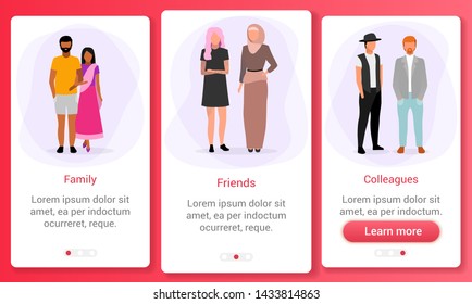 Interpersonal relationships onboarding mobile app screen template. Race and ethnic relations. Multicultural family, friends, colleagues. Website steps with flat characters. UX, UI, GUI interface