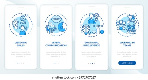 Interpersonal skill self assessment categories blue onboarding mobile app page screen with concepts. Walkthrough 4 steps graphic instruction. UI, UX, GUI vector template with linear color illustration