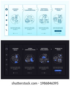 Interpersonal skill self assessment onboarding vector template. Responsive mobile website with icons. Web page walkthrough 4 step screens. Success dark, light mode concept with linear illustrations