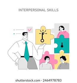 Interpersonal Skills concept. Collaboration represented through puzzle pieces with diverse people. Teamwork and communication in the workplace. Vector illustration.