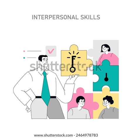 Interpersonal Skills concept. Collaboration represented through puzzle pieces with diverse people. Teamwork and communication in the workplace. Vector illustration.