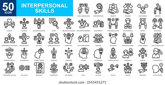 Interpersonal Skills icon collection set. Social skill, life skill, skill management, smart person, soft skill icon. Simple line vector.