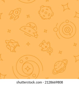 Interplanetary space abstract seamless pattern. Vector shapes on orange background. Trendy texture with cartoon color icons. Design with graphic elements for interior, fabric, website decoration