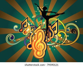 Interplay of musical notes, circular, radial and swirly designs on the subject of dancing and musical performance.
