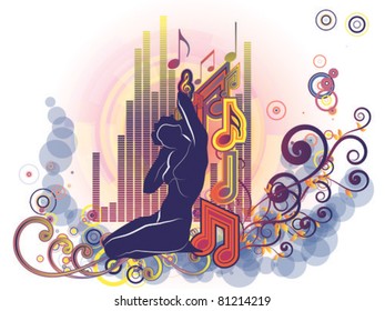 Interplay of musical symbols, swirls, girl silhouette and music meter graphics on the subject of music, song and performance.
