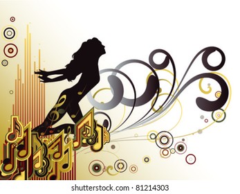 Interplay of musical symbols, swirls, girl silhouette and music meter graphics on the subject of music, song and performance. (The silhouette is a courtesy of webtoolkit4.me)