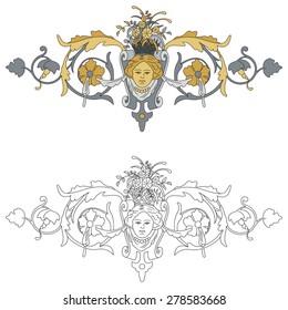 Interpretation of coat of arms with cherub black outline and colored with shades of gold and silver