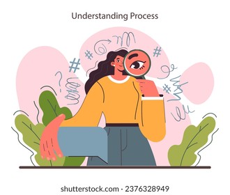 Interpretation. Data literacy. Information understanding, analysis and usage. Process of info explanation and conversion. Flat vector illustration