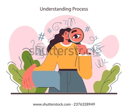 Interpretation. Data literacy. Information understanding, analysis and usage. Process of info explanation and conversion. Flat vector illustration