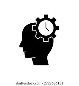 Cabeza de interpretación cerebro y engranaje de tiempo esquema editable trazado de línea de trazo eps.