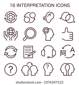 Interpretation icons set. Data literacy. Information understanding, analysis and usage. Process of info explanation and conversion. Flat vector illustration