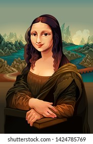 Interpretation Of Mona Lisa, Famous Painting By Leonardo Da Vinci. Vector Illustration
