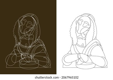 Interpretation of Mona Lisa, famous painting by Leonardo da Vinci. Vector Illustration. Mona Lisa - Gioconda. Creative modern simply poster, line art, one line sketch. 