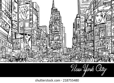 Interpretation of Times Square in New York in black and white- Vector illustration