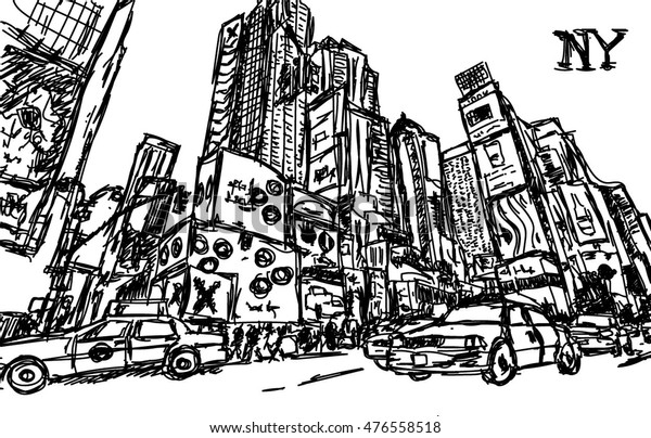 Interpretation of Times Square in\
New York in black and white, Vector illustration,\
sketch