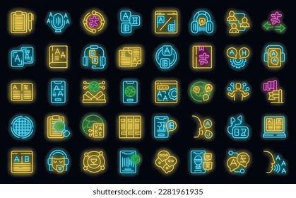 Interpreter icons set outline vector. Speak megaphone. Person speaker neon color on black isolated