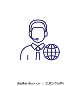 Interpreter Line Icon. Character In Headset With Globe. Translation Concept. Can Be Used For Topics Like Global Communication, Occupation, Booth Interpretation